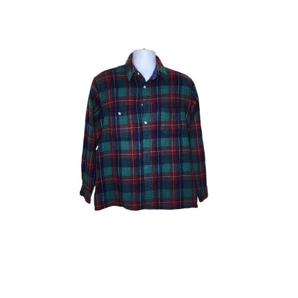 Vintage 80s Wool Plaid Button Up Shirt Mens Size XL Green Shacket - Picture 2 of 8